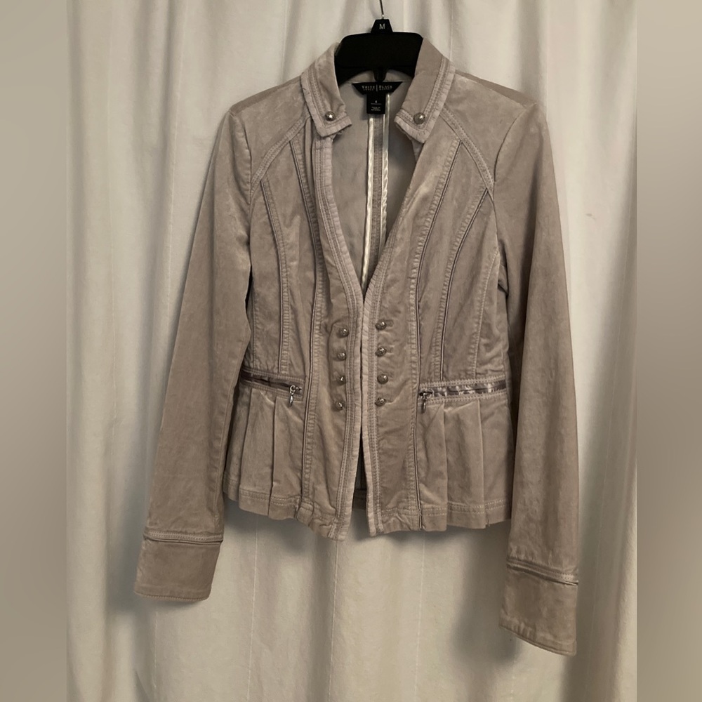 White House Black Market gray/silver velvet jacket. Very flattering!